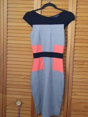 French Connection Black Coral Heather Grey Color Block Cap Sleeve Pencil Dress 4